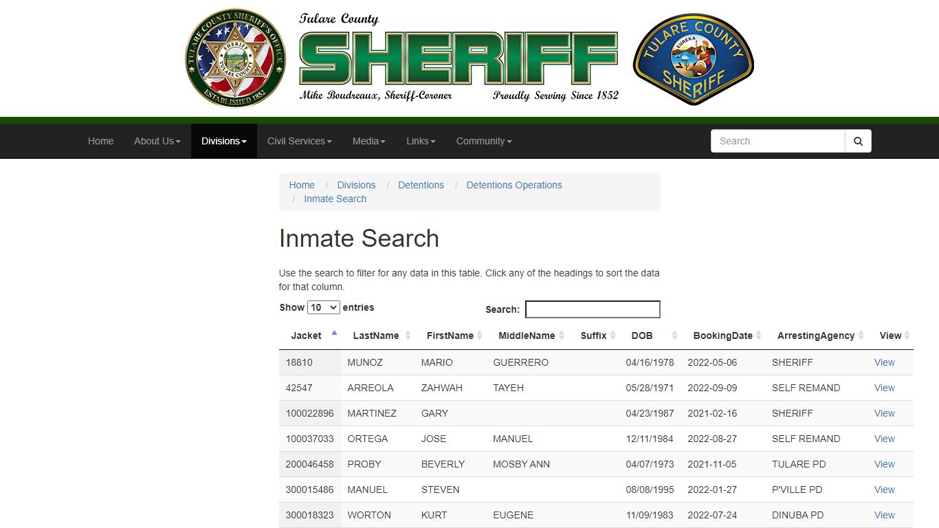 Inmate Search - Tulare County Sheriff - Tulare County, California